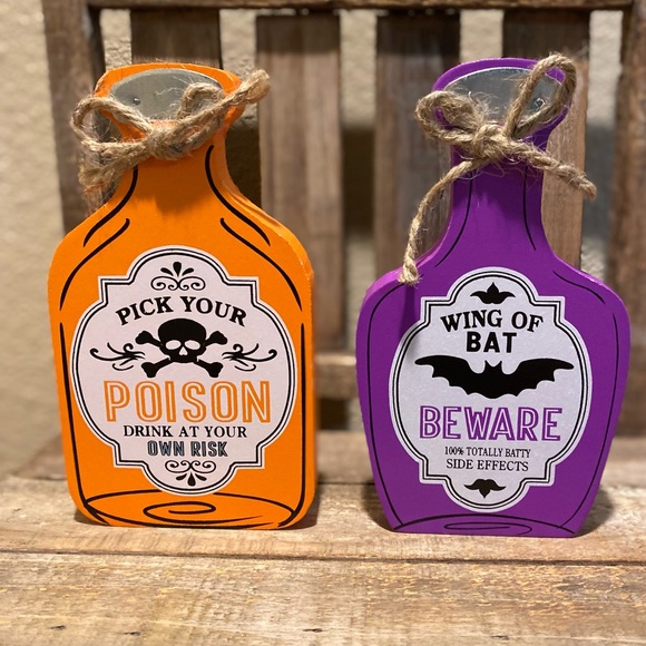 Halloween Potion Bottles Set Of 2, Pick Your Poison, Wing Of Bat, Wood Decor - Picture 3 of 16